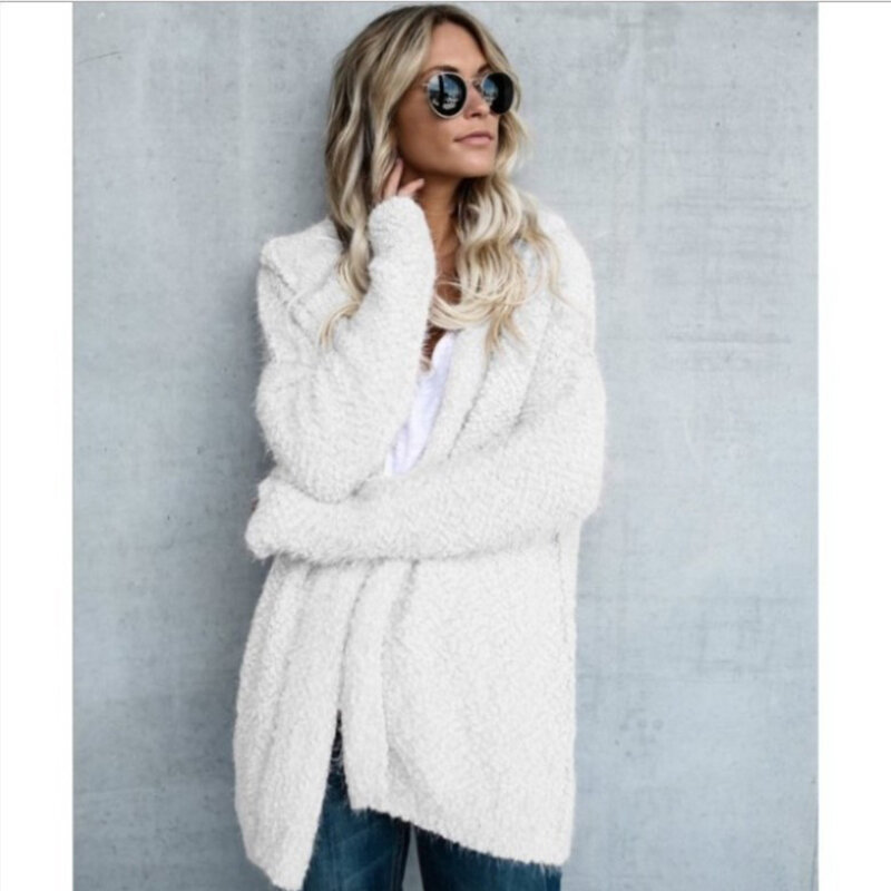 Jesienno-zimowa damska pluszowa ciepła płaszcz typu kardigan z kapturem z długim rękawem