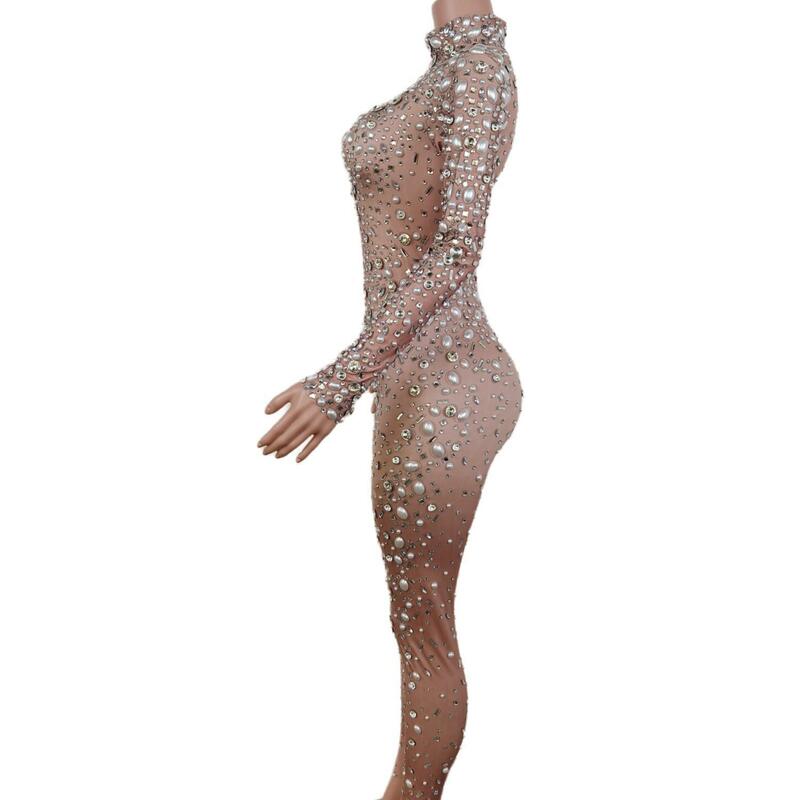 Женский костюм из спандекса с длинным рукавом для вечеринки, клуба, выпускного вечера, костюм певицы, джазового танца, сценического костюма, блестящий женский комбинезон Tiaoliao со стразами