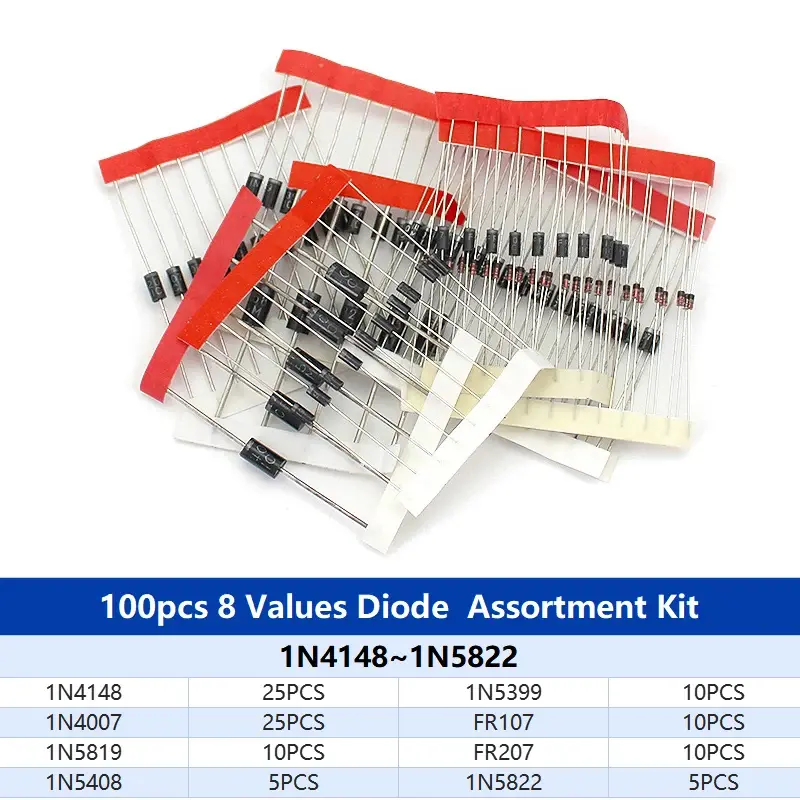 Kit de diodos rectificadores schottky, 1N4148, 1N4007, 8 valores, 1N5819, 1N5399, 1N5408, 1N5822, FR107, FR207, diodo de conmutación rápida, 100 piezas
