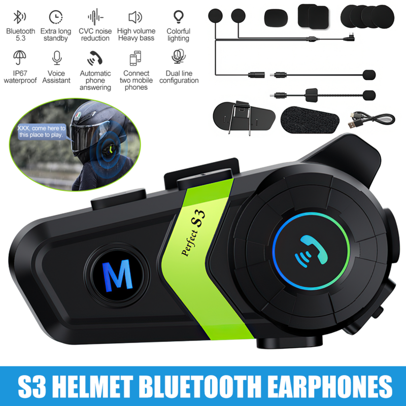 Motorcycle Helmet Headset Stereo Bluetooth Hands IPX7 Waterproof 2800mAh with Tri-Color Ambient Light