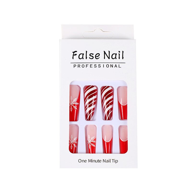 French False Nail for Women Red Lines Snowflake Pattern Christmas Artificial Nail for Women and Girl Nail Salon at Home
