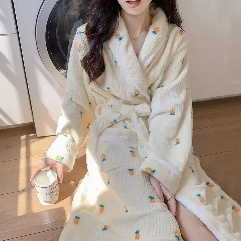 Sleepwear Fleece Warm Robe Japanese Sleeve Homewear Night Women Nightgown Belt Wears For Floral Winter Nightdress Pajama Long
