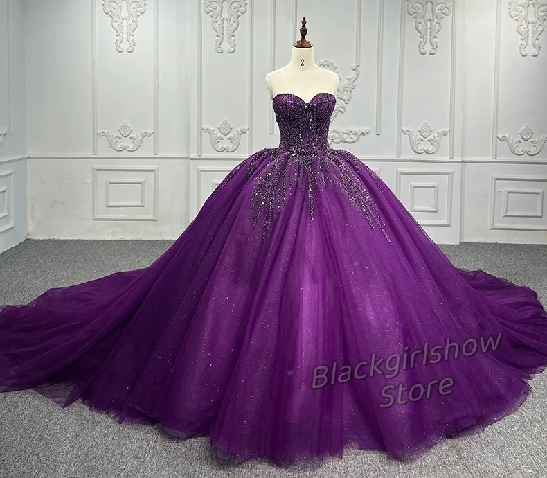 Vestidos De 15 años 2024 pociąg do kaplicy fioletowa pochwa bez rękawów luksusowa elegancka aplikacja z brokatem na przyjęcie urodzinowe 15 sukienka