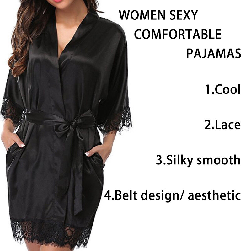 女性用シルクパジャマ,半袖ナイトガウン,黒のレース,滑らかで柔らかく快適なバスローブ,純粋な色