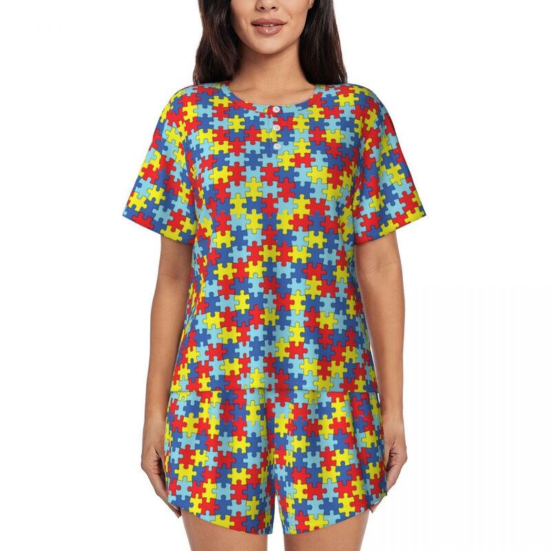 Conjunto de pijama de dos piezas con estampado personalizado para mujer, ropa de dormir de manga corta, con patrón de rompecabezas colorido, para la concienciación sobre el Autismo