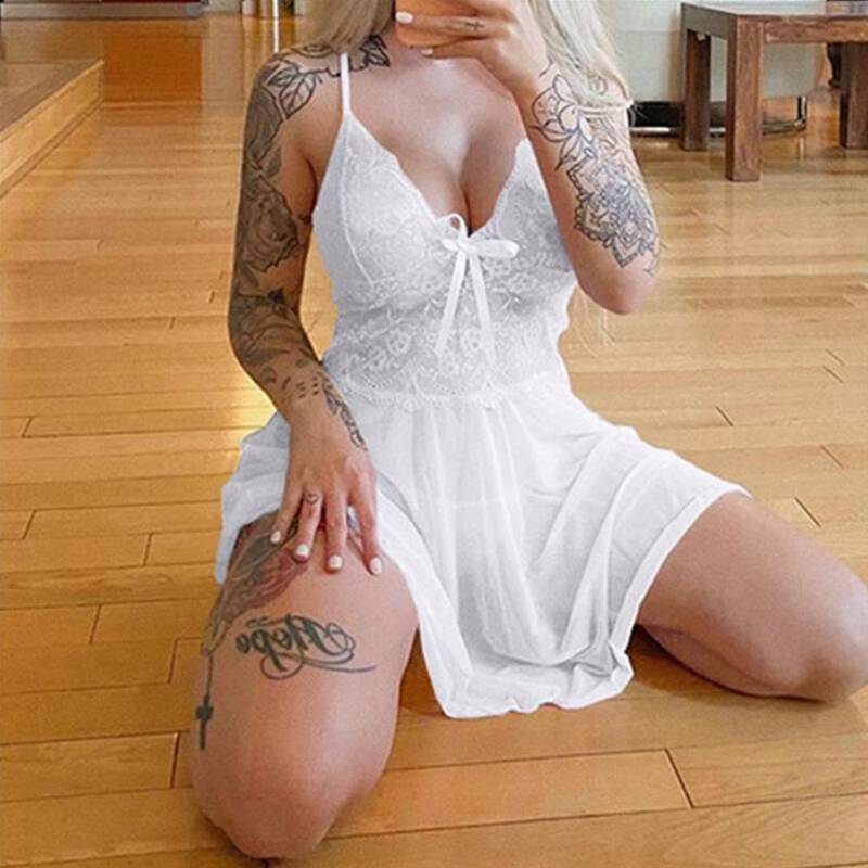 Womens Sexy Lace Sleeveless See-Through Thong Underwear Lingerie Ladies Straps Babydoll Nightdress