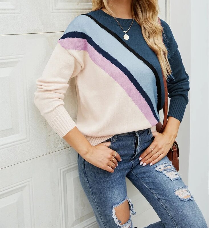 Mode Wanita Musim Gugur dan Dingin Kaus Kontras Warna Bergaris Sweter Pullover Leher Bulat