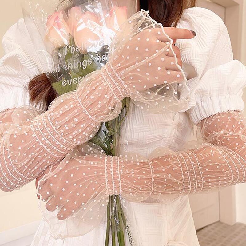 New Summer Sexy Lace Sunscreen Sleeves for Women Black Polka Dot UV Thin Breathable Mesh Fingerless Gloves Driving Arm Sleeve