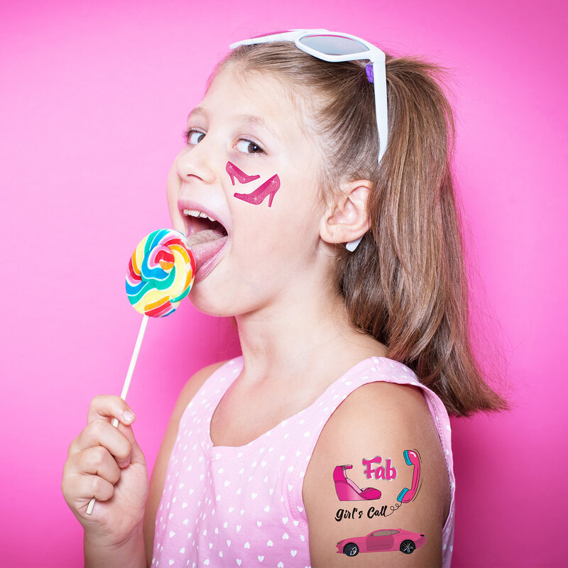 Retro-Party bevorzugen rosa Mädchen Geburtstags feier temporäre Tattoos High Heels Auto Hut Tattoos Aufkleber rosa Thema Dekor