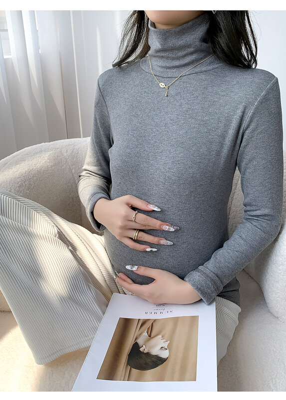 Camiseta de lana de maternidad de estilo coreano para mujer embarazada, camisa básica de cuello alto de manga larga, Top grueso y cálido estirado, moda de invierno