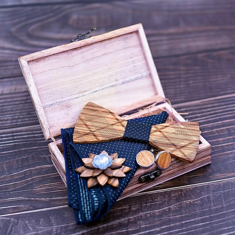 Elegant Mens Wooden Bow Tie Bule Brooches Pin Cufflinks Wedding Daily Office Party Accessori Butterfly Bowtie Slim Suit Set 2022
