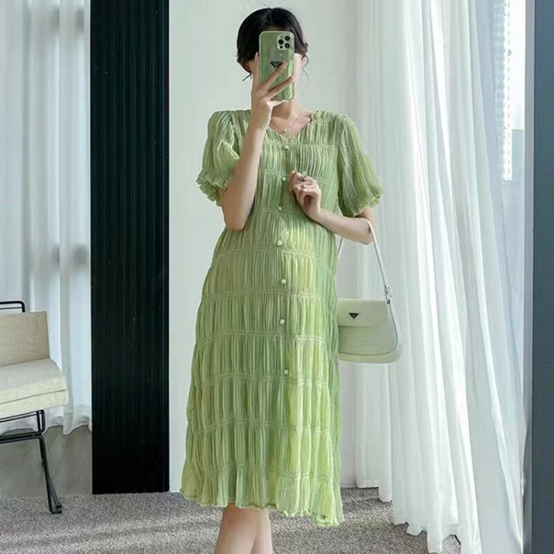 Szyfonowa sukienka ciążowa letnia odzież dla ciężarnych kobiet 2022 nowy solidny dekolt w szpic świeża zieleń luźne przedsionki ciążowe