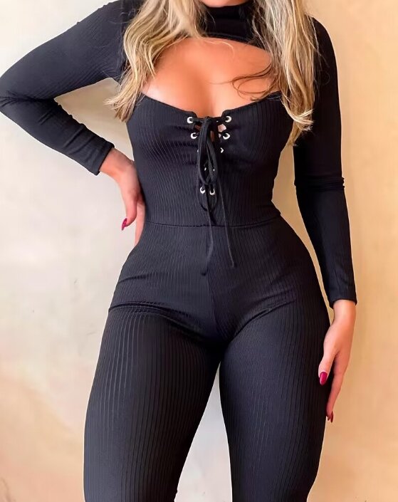Sexy Slim Fit Jumpsuit 2024 Women's New Lace Up Waist Hollow Out Design Solid Color Tight Fitting Jumpsuit