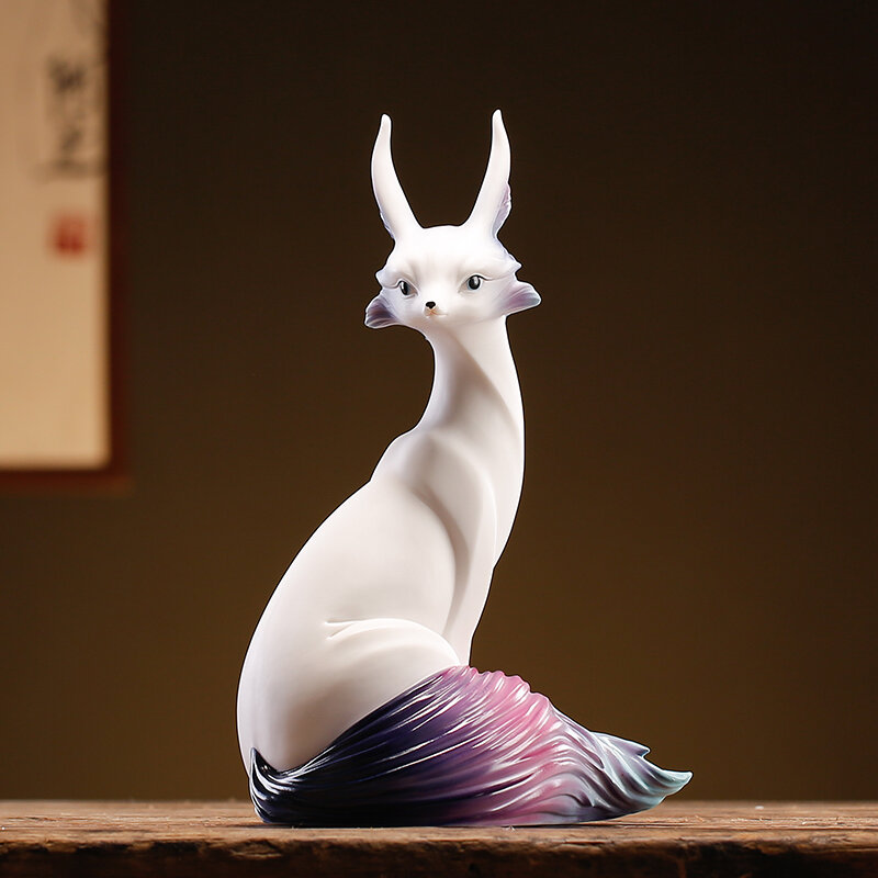 White porcelain nine-tailed fox fox creative ceramic crafts animal colorful fox ornaments