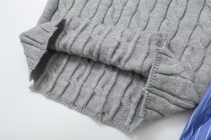 Kobiety 2023 nowa moda popelina tkanina patchworkowa przycięte dzianinowy sweter w paski Vintage z długim rękawem damskie swetry eleganckie koszule