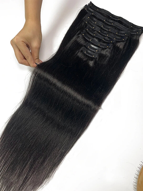 120G/8 buah klip dalam ekstensi rambut manusia lurus Brasil 100% rambut manusia klip warna hitam alami dalam rambut Remy