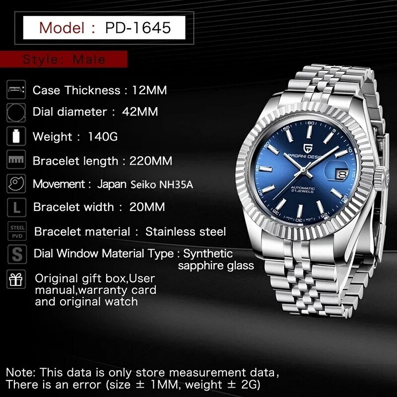 PAGANI DESIGN męski zegarek mechaniczny luksusowy automatyczny zegarek sportowy wodoodporny zegarek ze stali nierdzewnej 100M dla mężczyzn