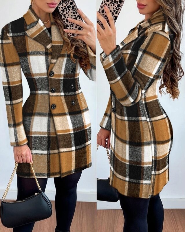 Manteau à carreaux à manches longues à double boutonnage pour femmes, manteau de travail décontracté, poche At mince, col cranté, mode automne et hiver 2023