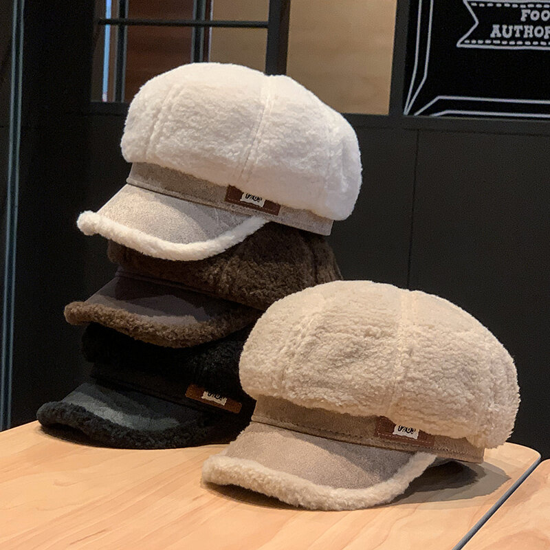 Cappello ottagonale in lana di agnello donna autunno e inverno nuovo berretto caldo addensato in lana moda Casual cappello da pittore ottagono retrò britannico