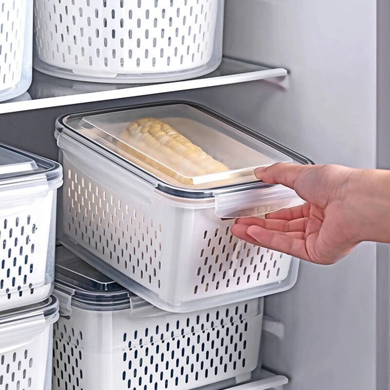 Refrigerator Storage Box Food Vegetable Fruit Storage Box Plastic Drain Basket Fridge Storage Containers Kitchen Organizer Acces