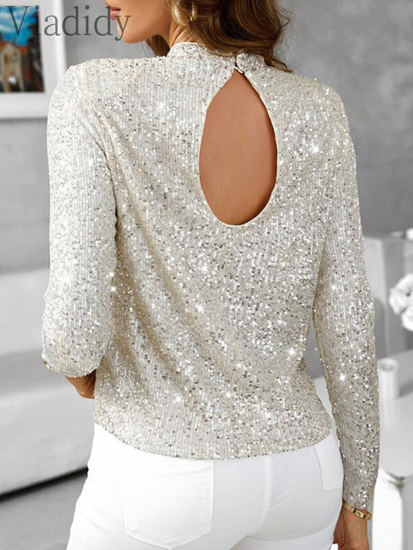 Women Casual Solid Color Glitter Mock Neck Long Sleeve Sequin Blouse Top