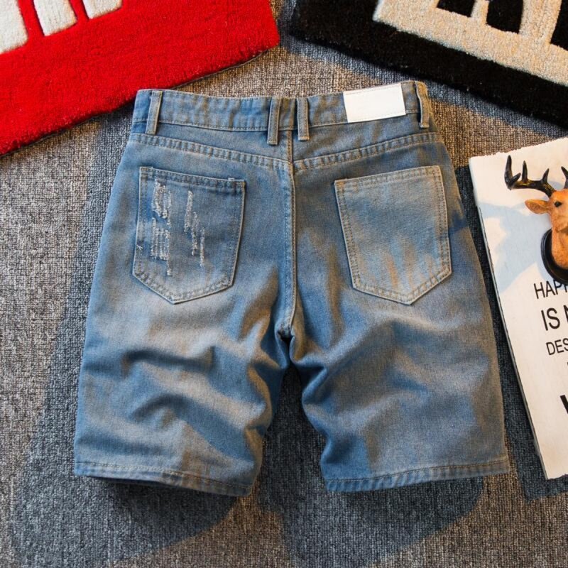 Shorts jeans azul retrô casual masculino, calças largas, jeans lavado de cinco pontos, moda verão, estilo porta
