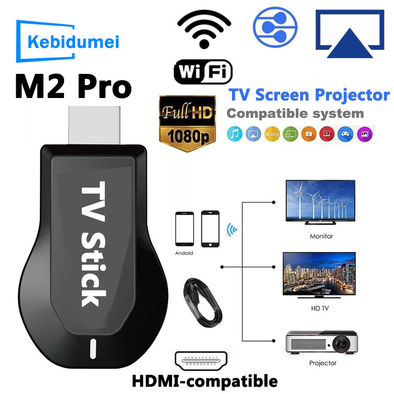 M2 프로 무선 와이파이 TV 스틱 디스플레이 TV 동글, HDMI 호환 스마트 TV 화면 프로젝터, DLNA IOS 안드로이드용 1080P 4K