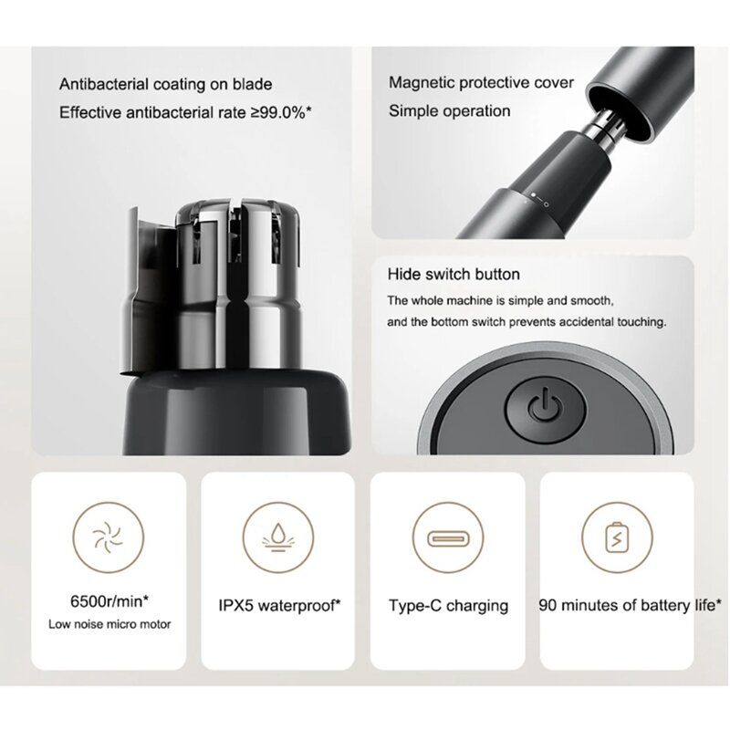 Xiaomi-Mijia USB Recarregável Nose Hair Trimmer para Homens, Nariz, Orelhas, Sobrancelha, Aparador de Cabelo