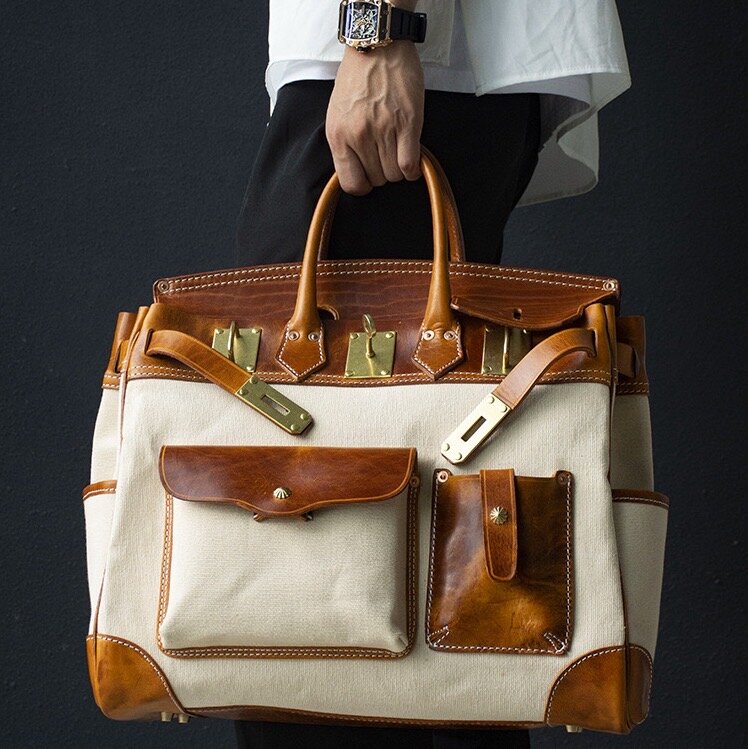 Customized American Tote - Genuine Leather Patchwork, Unisex Fashion Shoulder Bag, Retro Old-Money Style Crossbody Bag