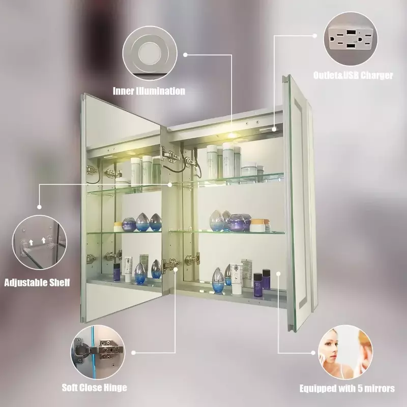 LED Medicine Cabinet Vanity Mirror, Alumínio Construção Maquiagem Armazenamento, Organizador Equipamento com Luz Interna, 24x28Inch