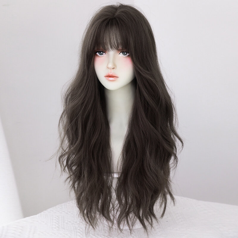 7JHH WIGS Heat Resistant Body Wave Black Tea Wig for Women Daily Use High Density Synthetic Wavy Hair Wigs with Neat Bangs