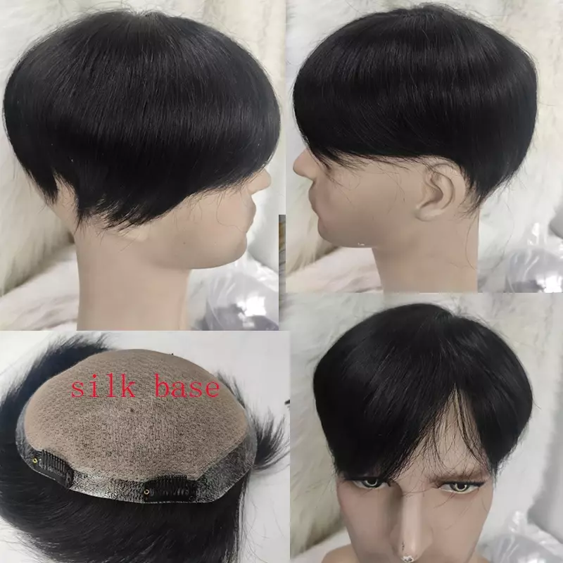 Base de seda Topper Clip de pelo en tupé humano para hombres, piezas de cabello 100% humano, 18x22 CM, cierre de Base de seda, Color 1B