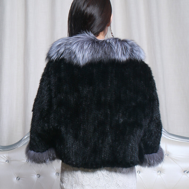 Abrigo de visón Natural auténtico para mujer, Chaqueta de punto a la moda, chal con Cuello de piel de zorro, abrigo de punto blanco, Otoño e Invierno