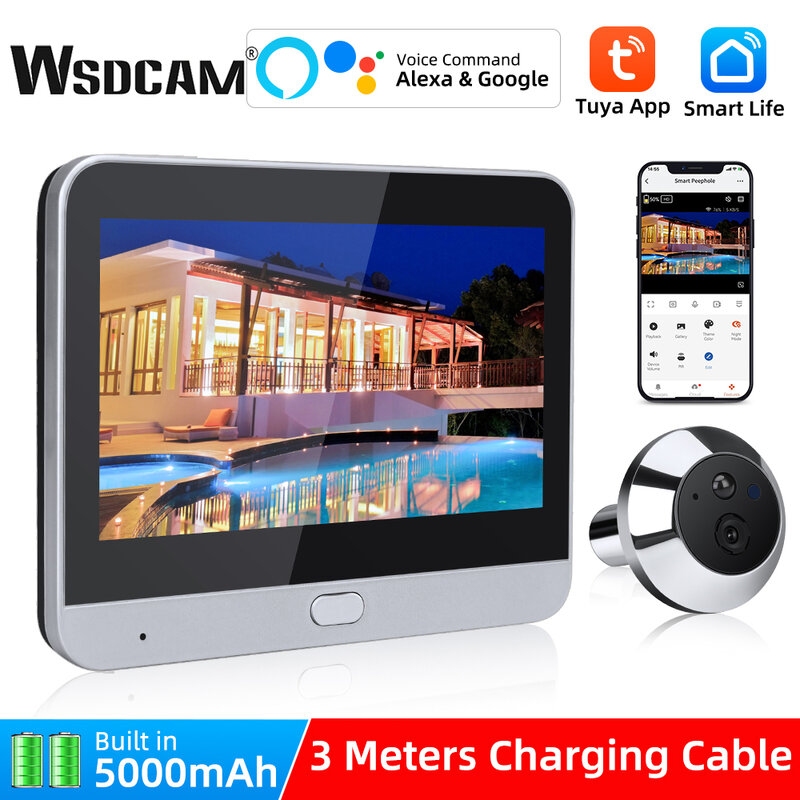 Wsdcam-wifi付きドアベル,広角カメラ,ドアペウィンドウ,ビデオモーション検出,120 mAhバッテリー