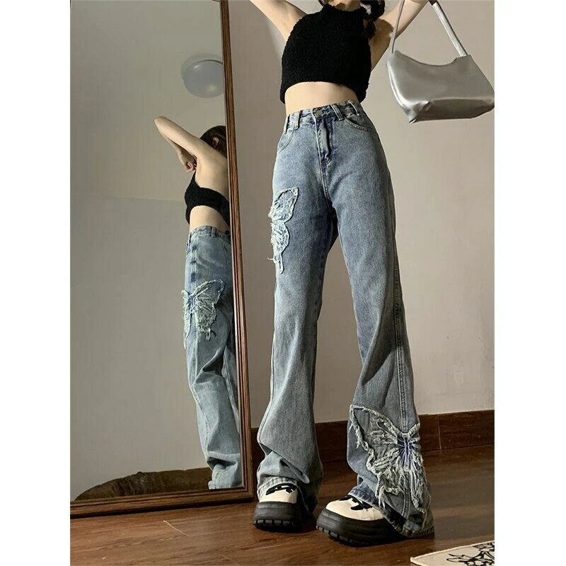 MEXZT Y2K 2000S jins Flare wanita celana panjang Denim bordir kupu-kupu antik celana kaki lebar Streetwear Korea pinggang tinggi penuh