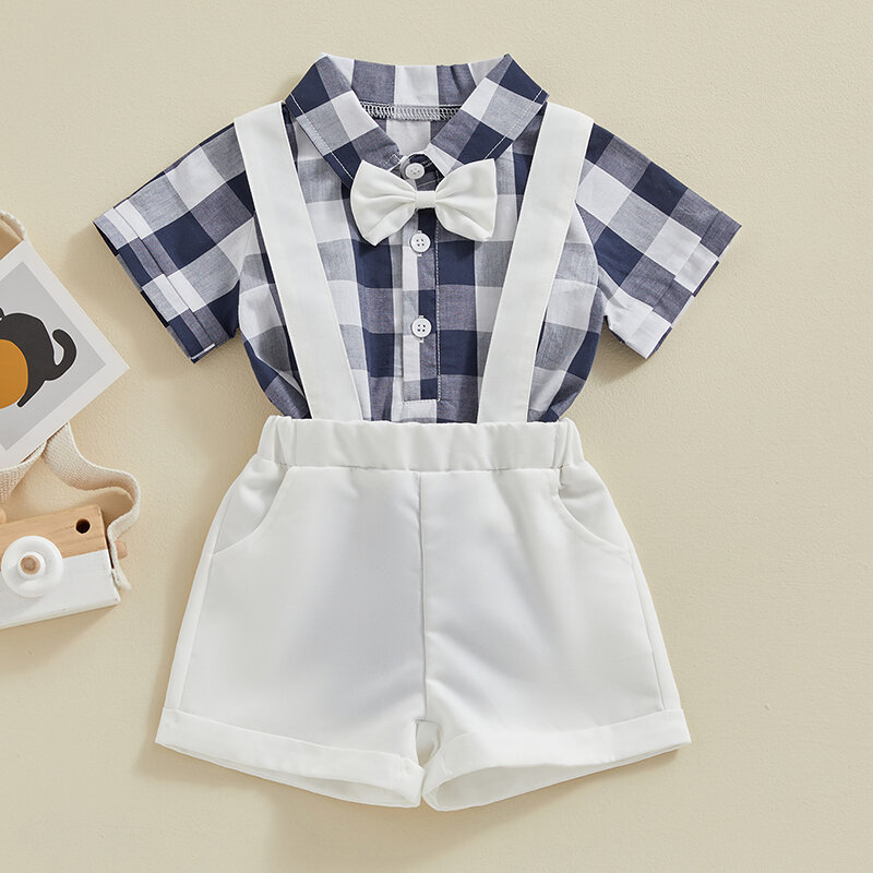 Infant Baby Boy Summer Gentleman outfit Plaid Pattern manica corta con risvolto Button Down Shirt pagliaccetto con pantaloncini con bretelle papillon