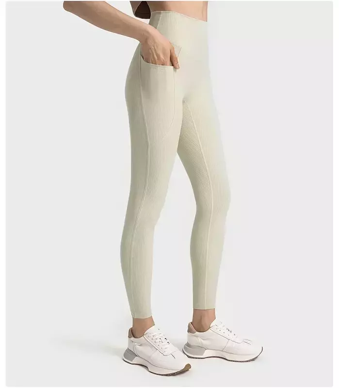 Lulu Leggings in tessuto a coste a vita alta da donna con tasche palestra in esecuzione pantaloni sportivi da Yoga pantaloni sportivi da Jogging all'aperto