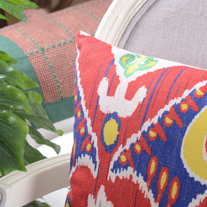 Housse de coussin décorative en lin, taie d'oreiller, 45x45cm, couleur Ikat, géométrique abstraite, rouge, bleu