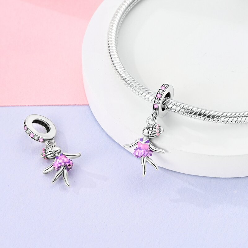 Authentic 925 Sterling Silver Flower With Purple Wings Fairy Charm Fit Pandora Bracelet Women's Garden Jewelry Accessories