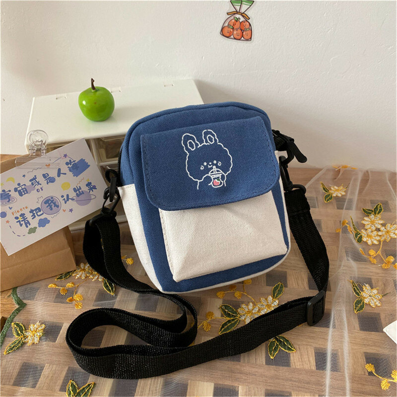 Canvas Women's Crossbody Bags Small Cartoon Rabbit Printed Messenger Bag Fashion Casual Handbag for Girl Students Zipper Purse