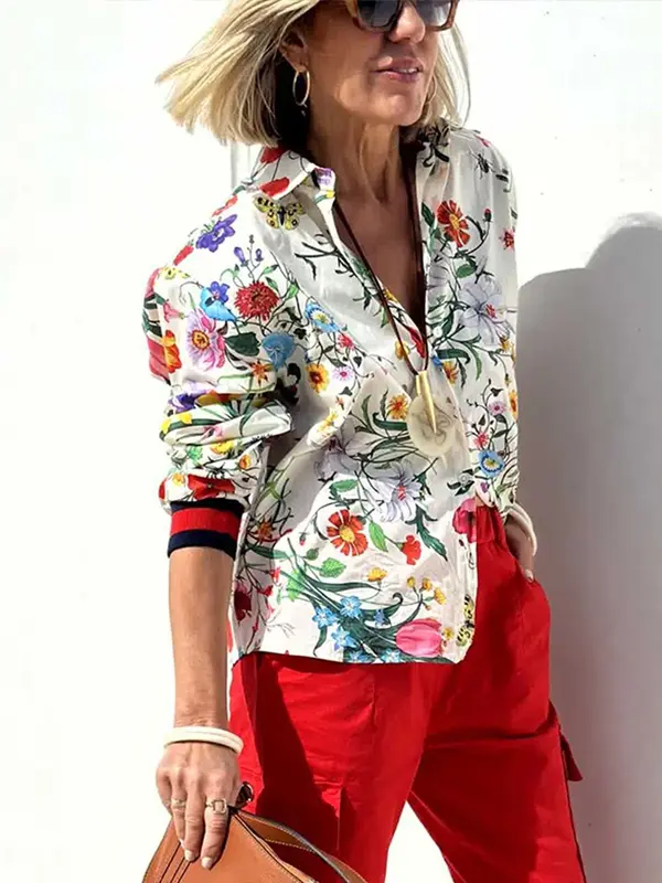 Kwiatowy nadruk 2-częściowy długi garnitur damski Szykowny kołnierzyk Damska koszula Zestawy z szerokimi nogawkami 2024 Wiosna Lato Streetwear