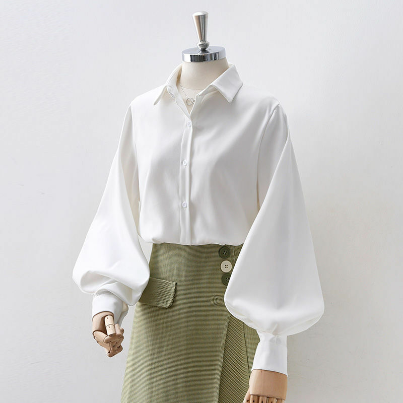 Deeptown-Blusa blanca con mangas abullonadas para mujer, camisa elegante con botones, color negro, Estilo Vintage, a la moda, 2022