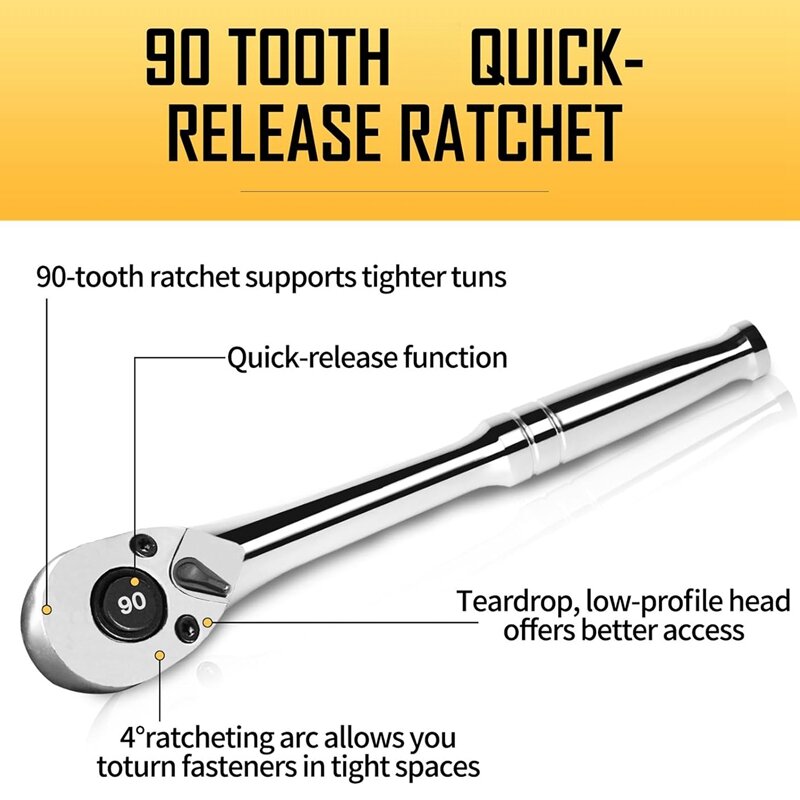 90-Tooth Quick-Release Ratchet Wrench 4-Degree Swing, Reversible, Chrome Alloy Made