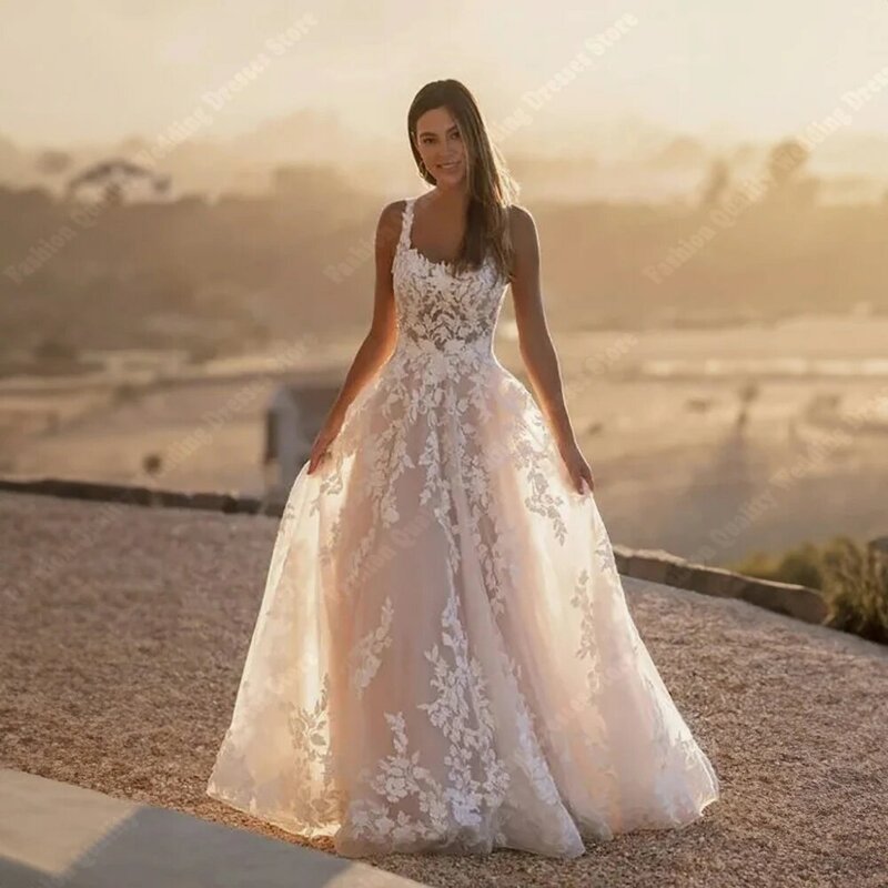 Square Neck Sleeveless Wedding Dresses For Women Shining Tulle Surface Bridal Gowns Mopping Length Backless Vestidos De Novias