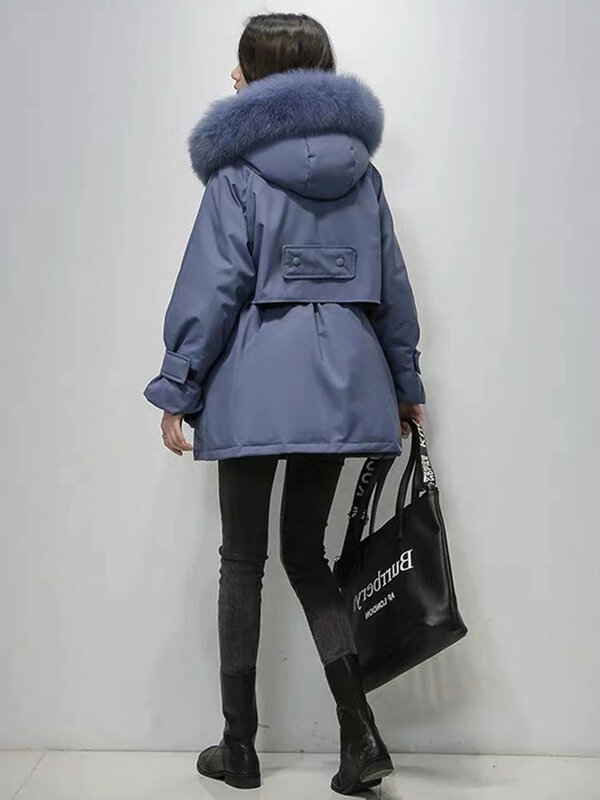 Fitaylor 여성용 대형 천연 여우 모피 후드 겨울 재킷, 90% 화이트 덕다운 두꺼운 파카, 따뜻한 새시 타이 업 스노우 코트