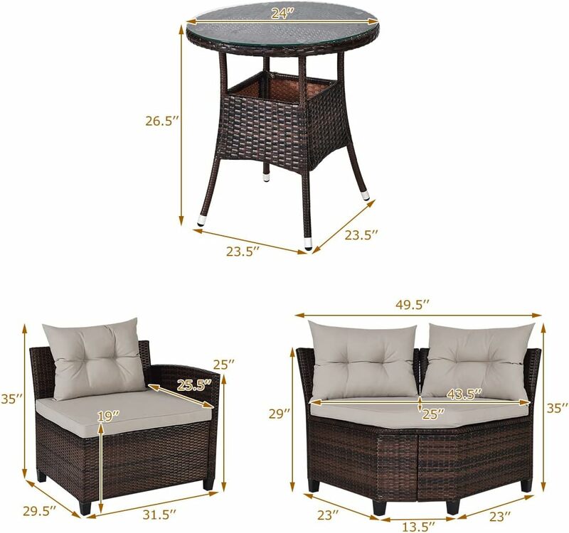 Sofá secional de vime com almofadas e mesa de vidro, Mobiliário do pátio, Modern Deck Rattan, ao ar livre, C-Shape, 4 pcs