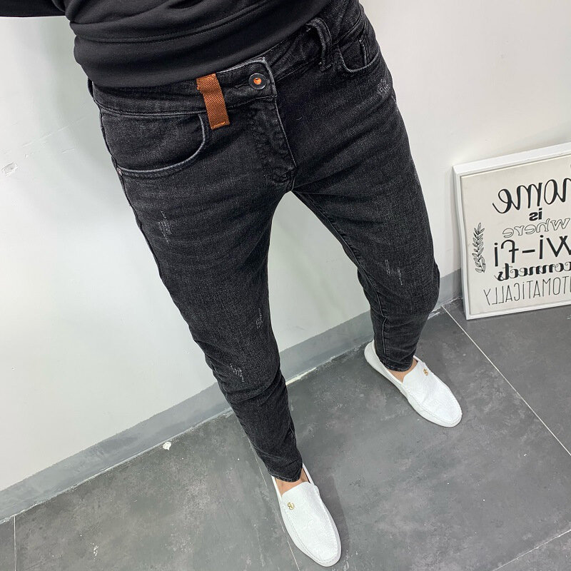 Marca outono preto coreano do homem cropped calças 2022 novos pés finos casual calças pretas dos homens de rua wear designer jeans para homens