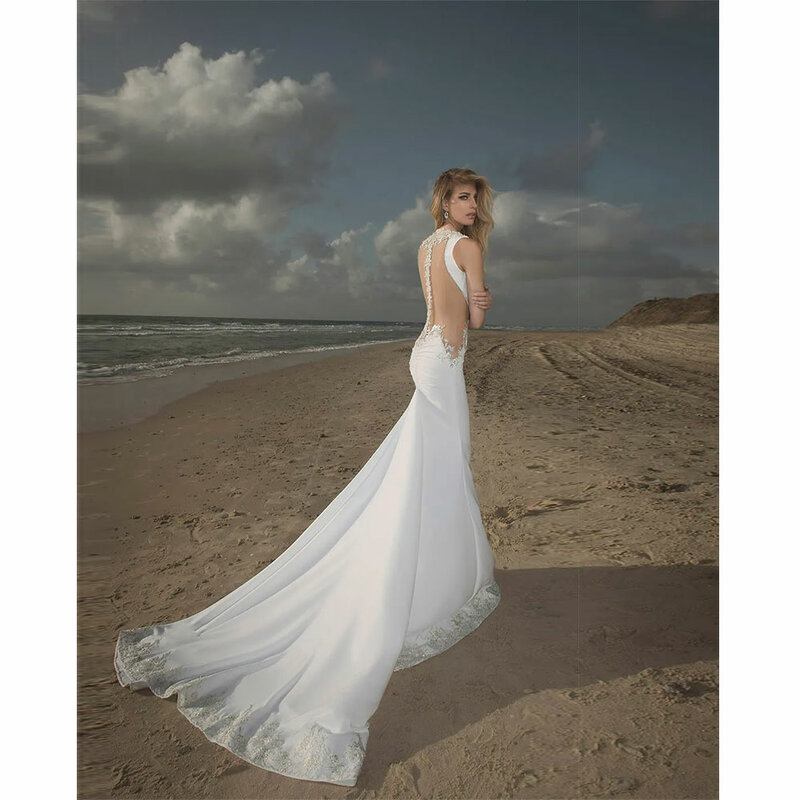 Женское свадебное платье с юбкой-годе, белое кружевное платье с глубоким V-образным вырезом и аппликацией, пляжное платье на заказ