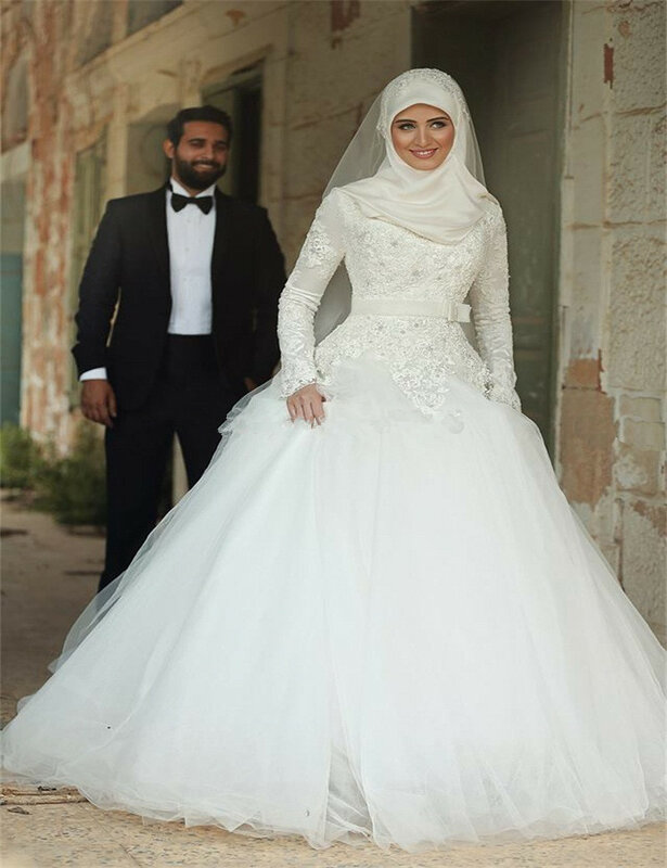 Роскошное арабское мусульманское свадебное платье Дубай с длинным рукавом 2021 свадебное платье Кружевная аппликация ТРАПЕЦИЕВИДНОЕ свадебное платье на заказ