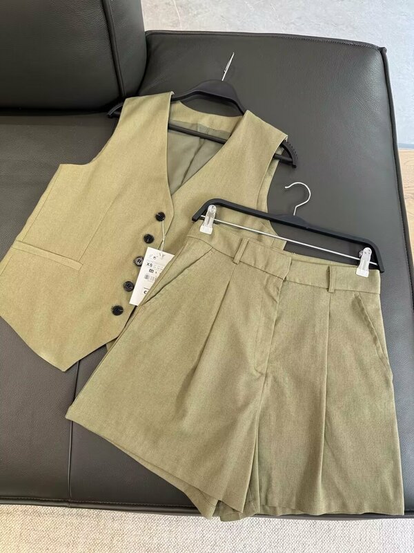 Women's New Fashion Casual Short Linen Blended V Neck Vest Retro Sleeveless Button up Women's Tank Top+Shorts Women's Suit